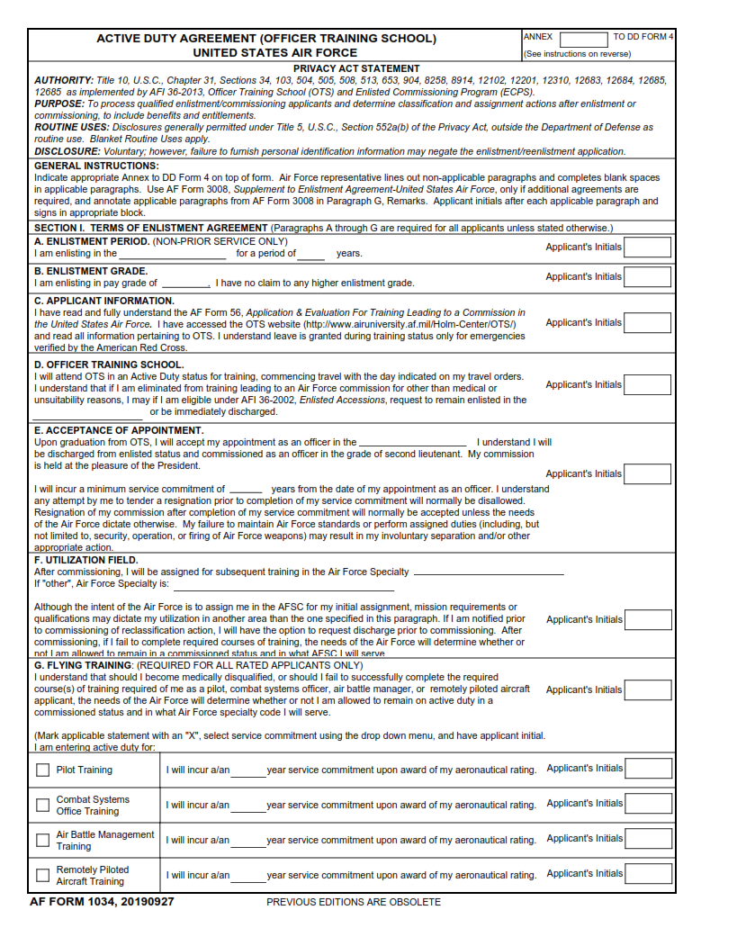 AF Form 1034 - Active Duty Agreement (Officer Training School) United States Air Force Part 1