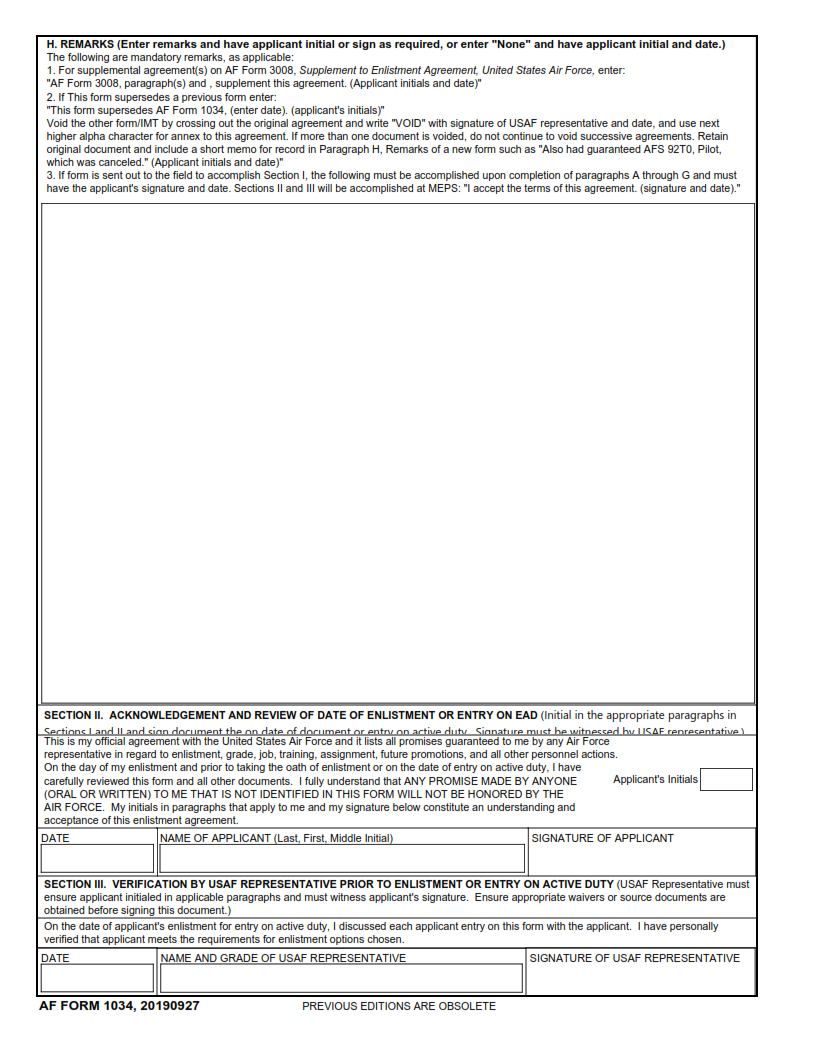 AF Form 1034 - Active Duty Agreement (Officer Training School) United States Air Force Part 2