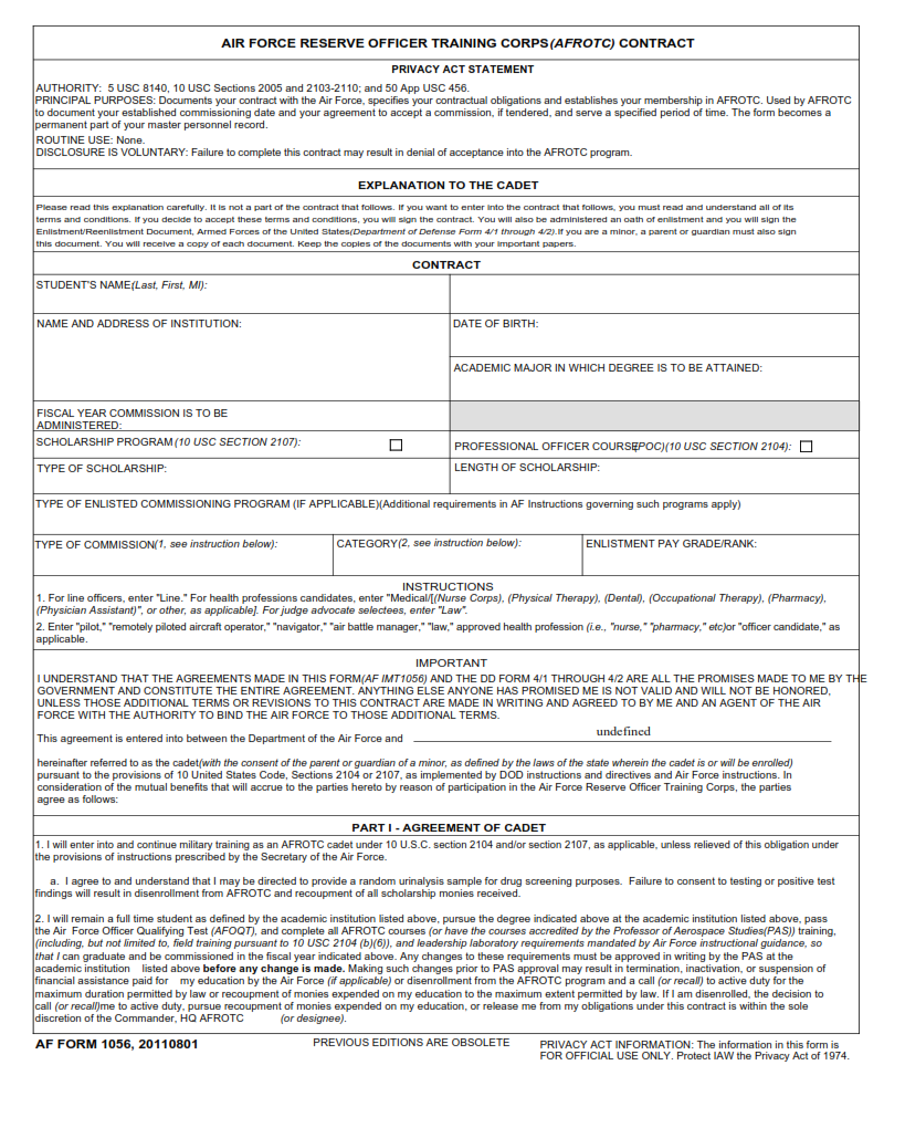 Af Form 1056 Air Force Reserve Officer Training Corps Afrotc Contract Finder Doc 1375