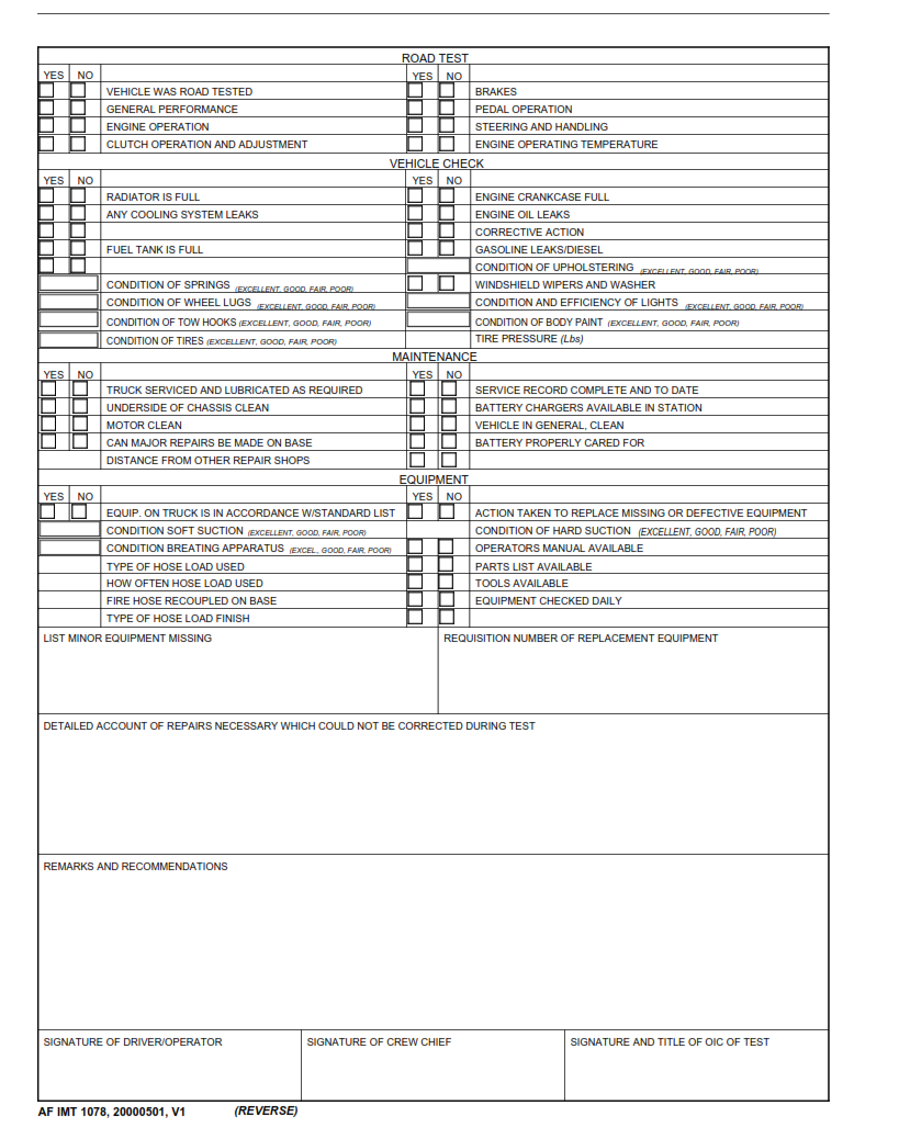 AF Form 1078 - Fire Truck And Equipment Test And Inspection Record Part 2