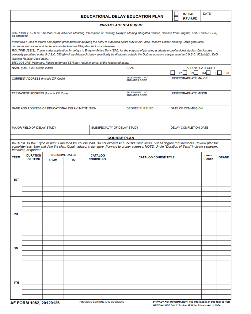AF Form 1082 - Educational Delay Education Plan Part 1