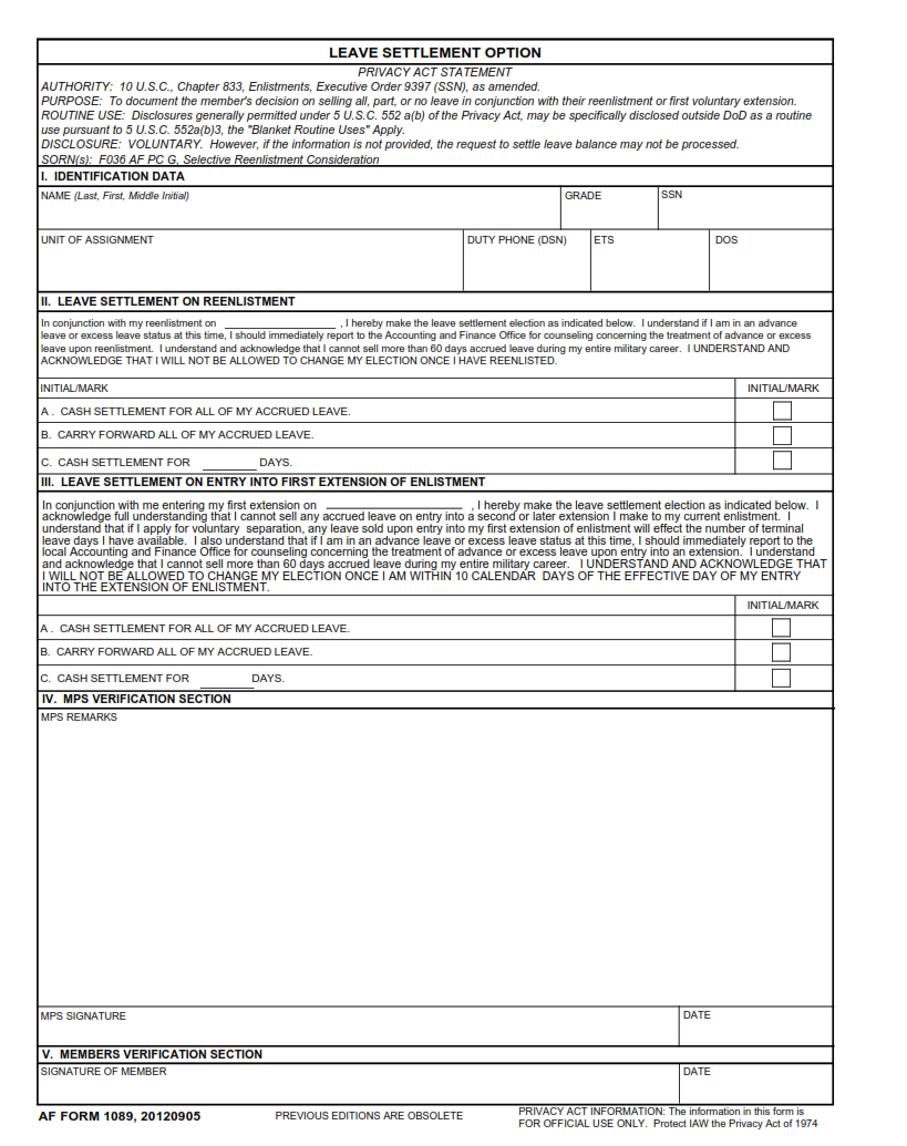 AF Form 1089 - Separation Pay Worksheet