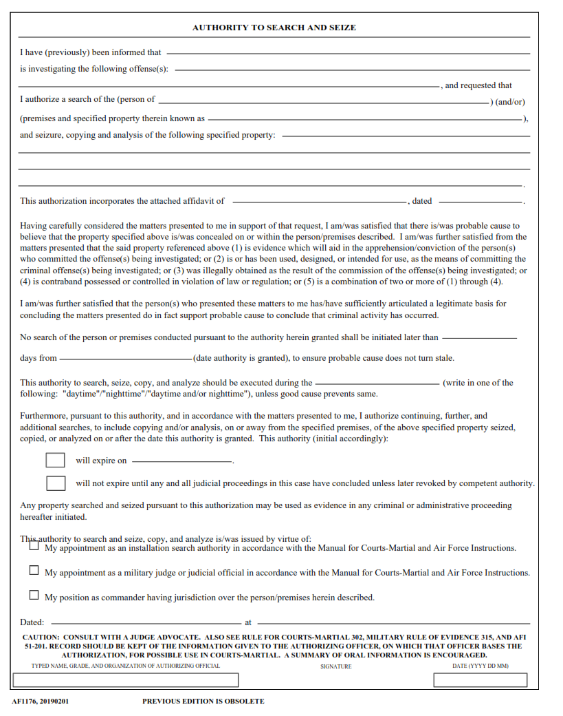 AF Form 1176 - Authority to Search and Seize
