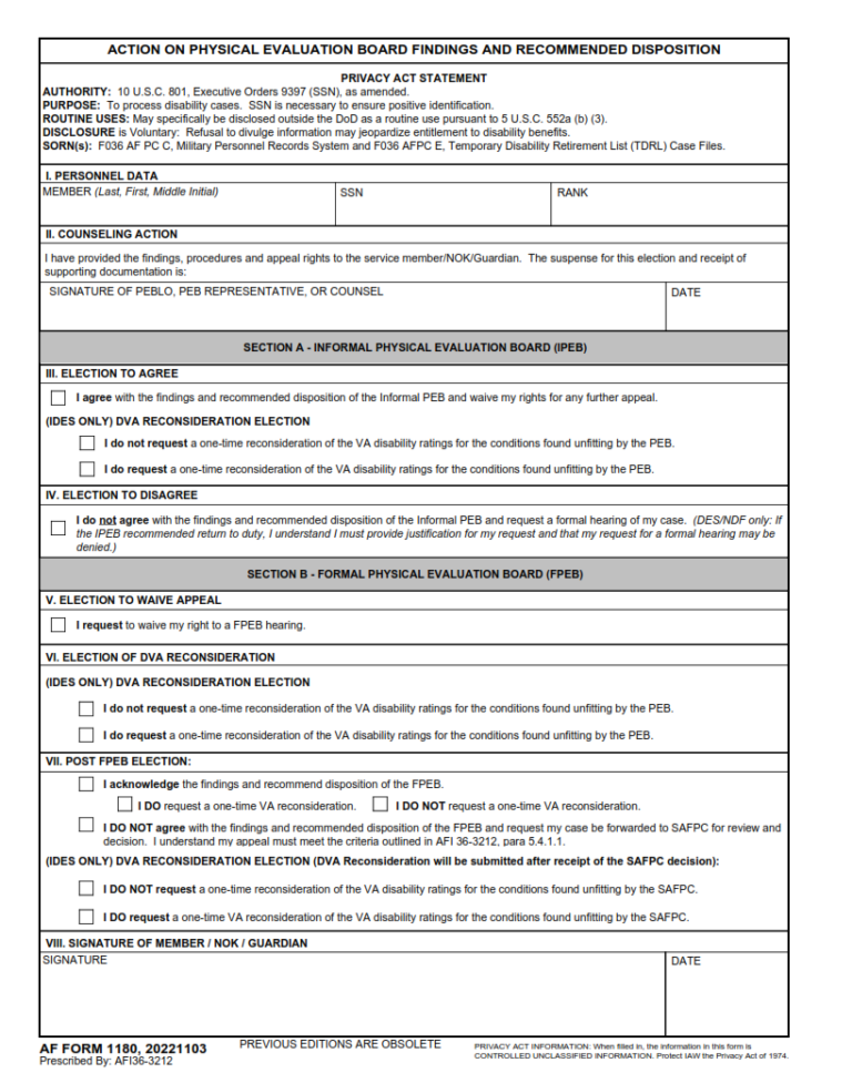 AF Form 1180 – Action On Physical Evaluation Board Findings And ...