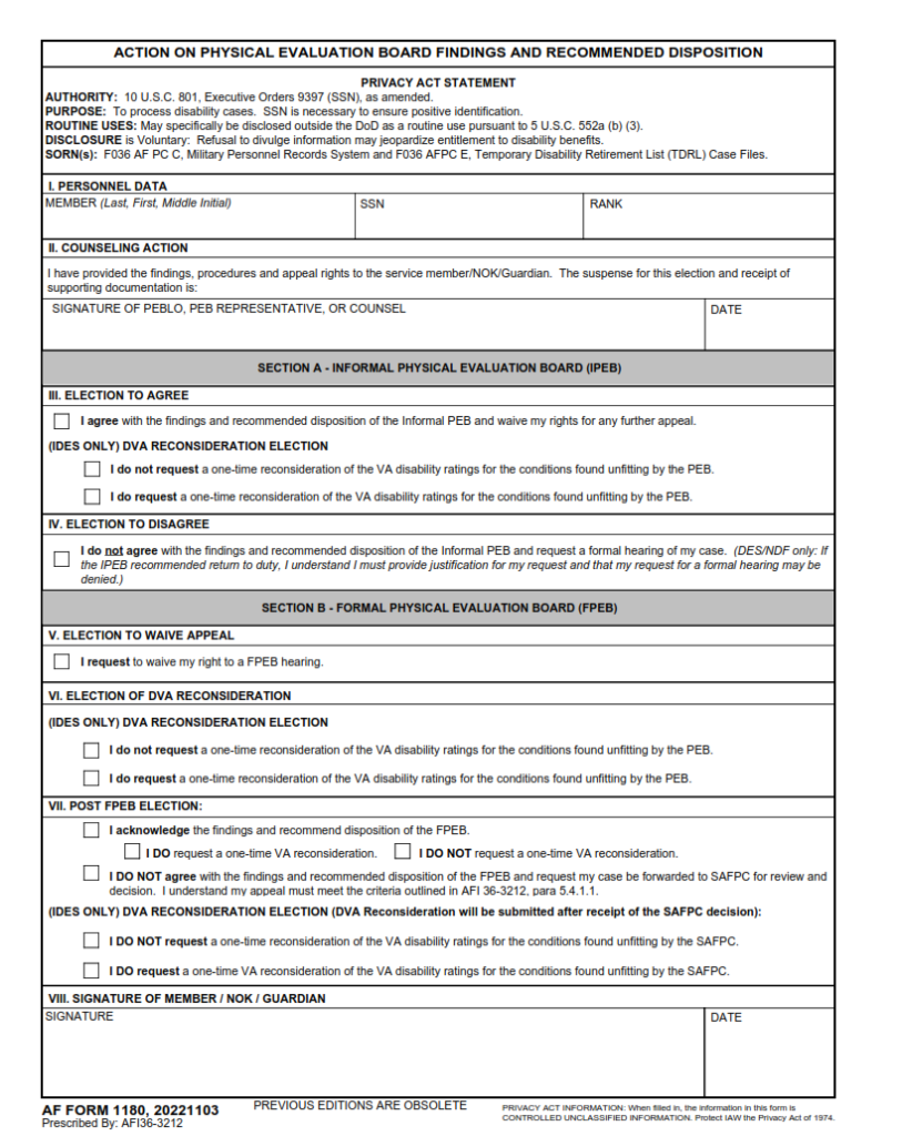 Af Form 1180 – Action On Physical Evaluation Board Findings And 