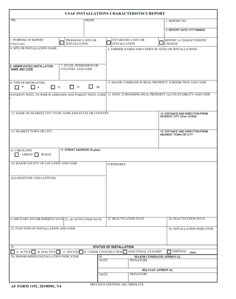 AF Form 1192 – USAF Installations Characteristics Report | Finder Doc