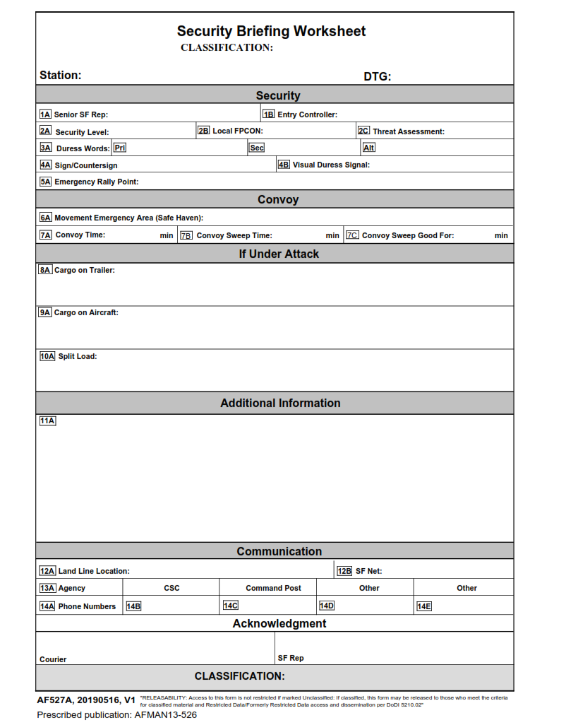 AF Form 527A - Security Briefing Worksheet