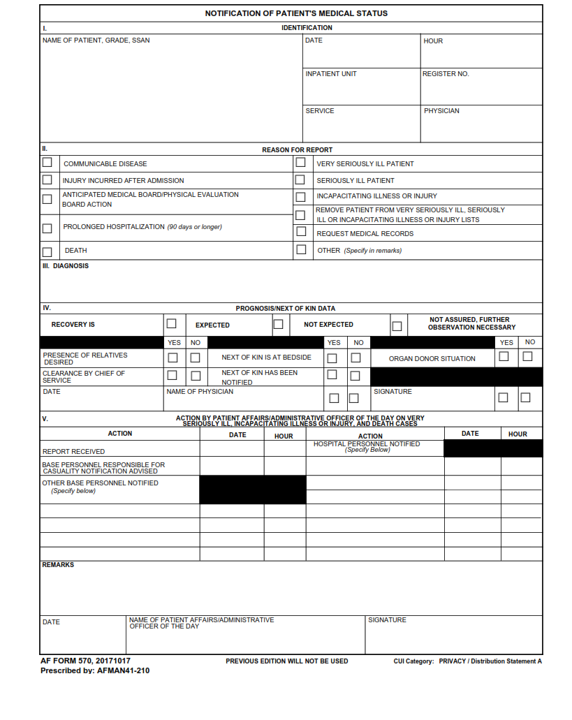 AF Form 570 - Notification Of Patient's Medical Status