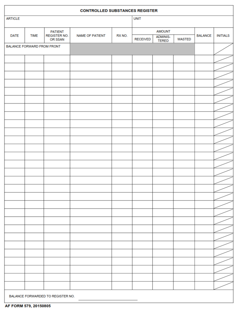 AF Form 579 – Controlled Substances Register | Finder Doc