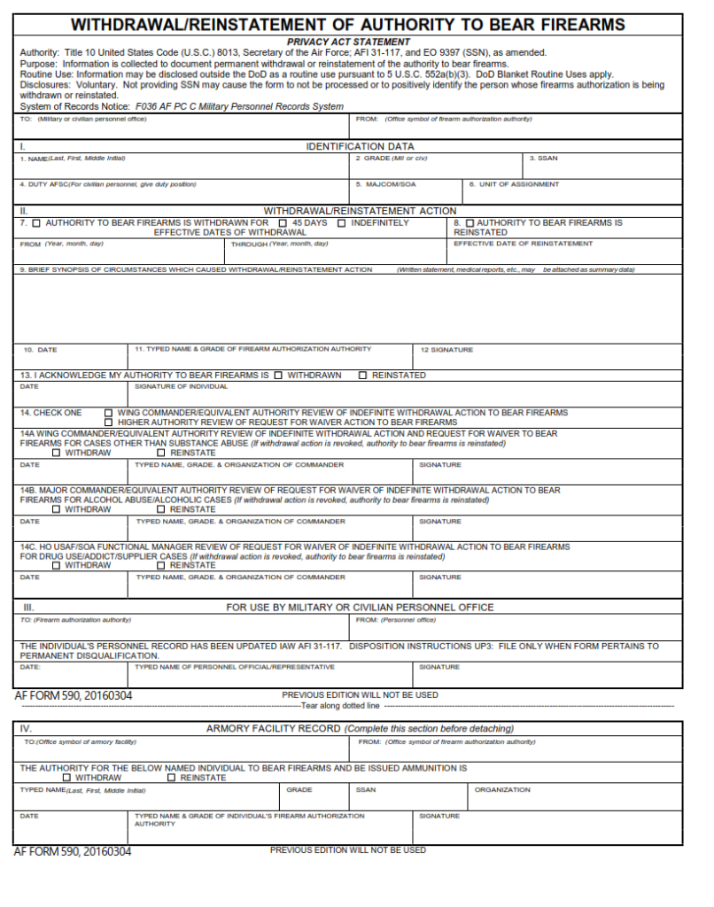 AF Form 590 – Withdrawal Or Reinstatement Of Authority To Bear Firearms ...