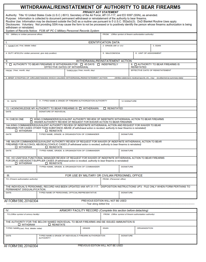 AF Form 590 - Withdrawal Or Reinstatement Of Authority To Bear Firearms