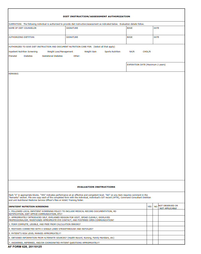 AF Form 628 - Diet Instruction Assessment Authorization Part 1