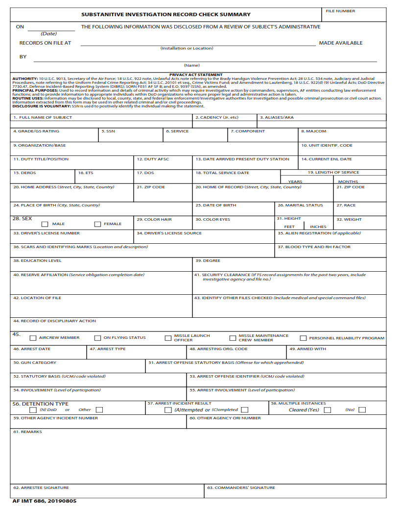 AF Form 686 - Substantive Investigations Record Check Summary