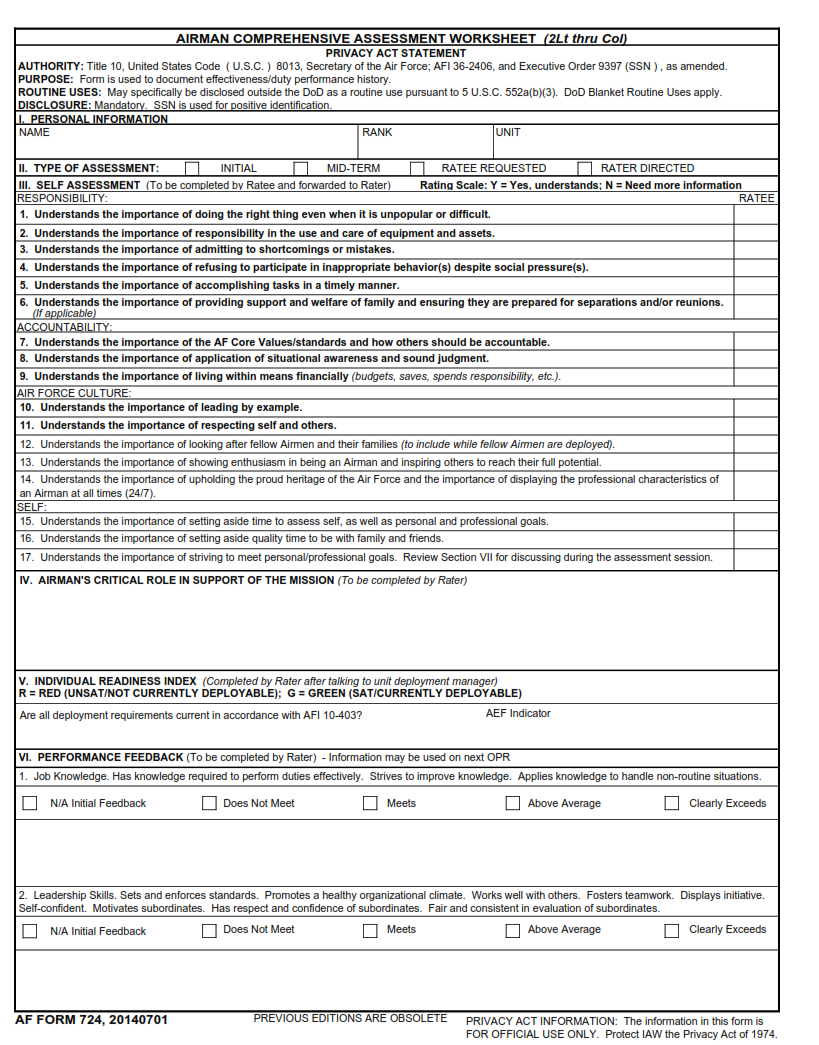 AF Form 724 - Airman Comprehensive Assessment Worksheet (2lt Thru Col) Part 1