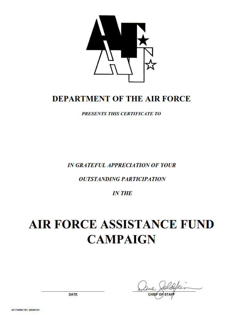 AF Form 767 - Air Force Assistance Campaign Recognition Certificate- Individual & Group