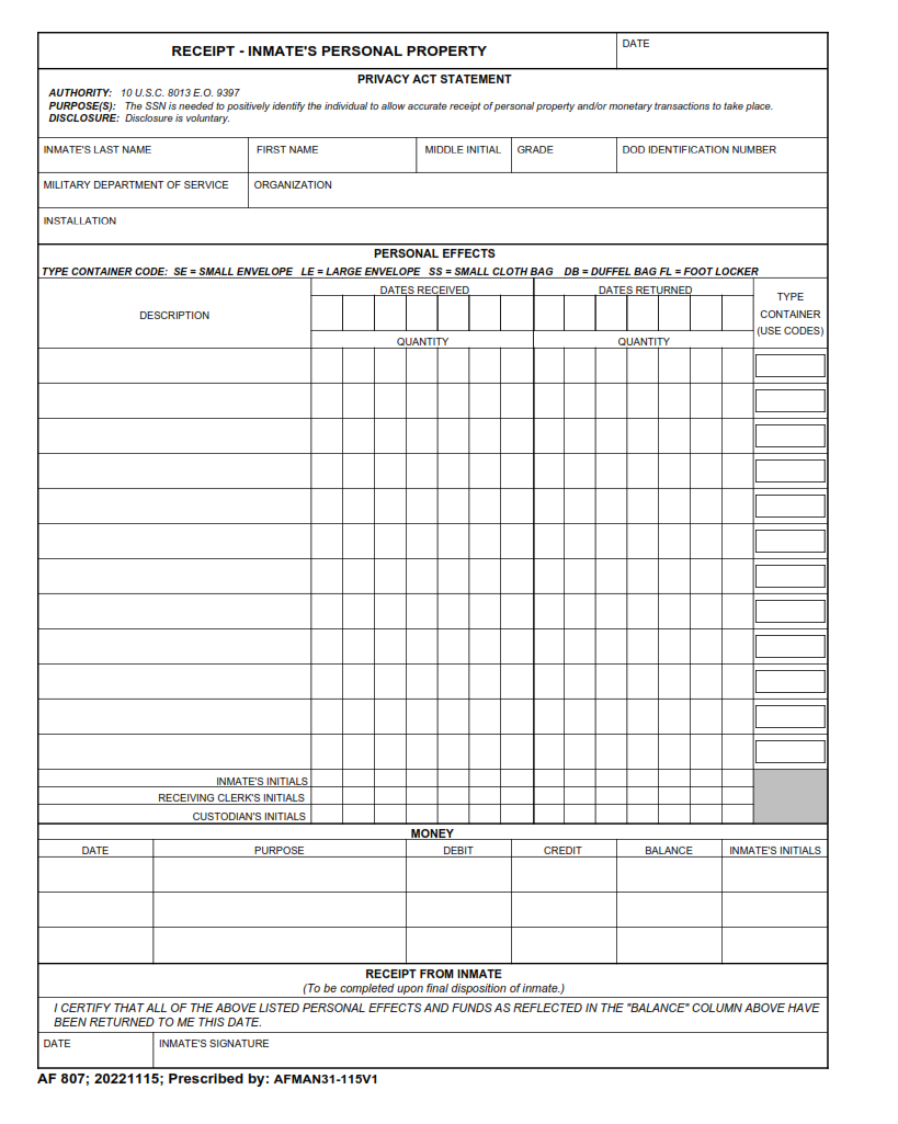 AF Form 807 - Receipt - Inmate's Personal Property (I)