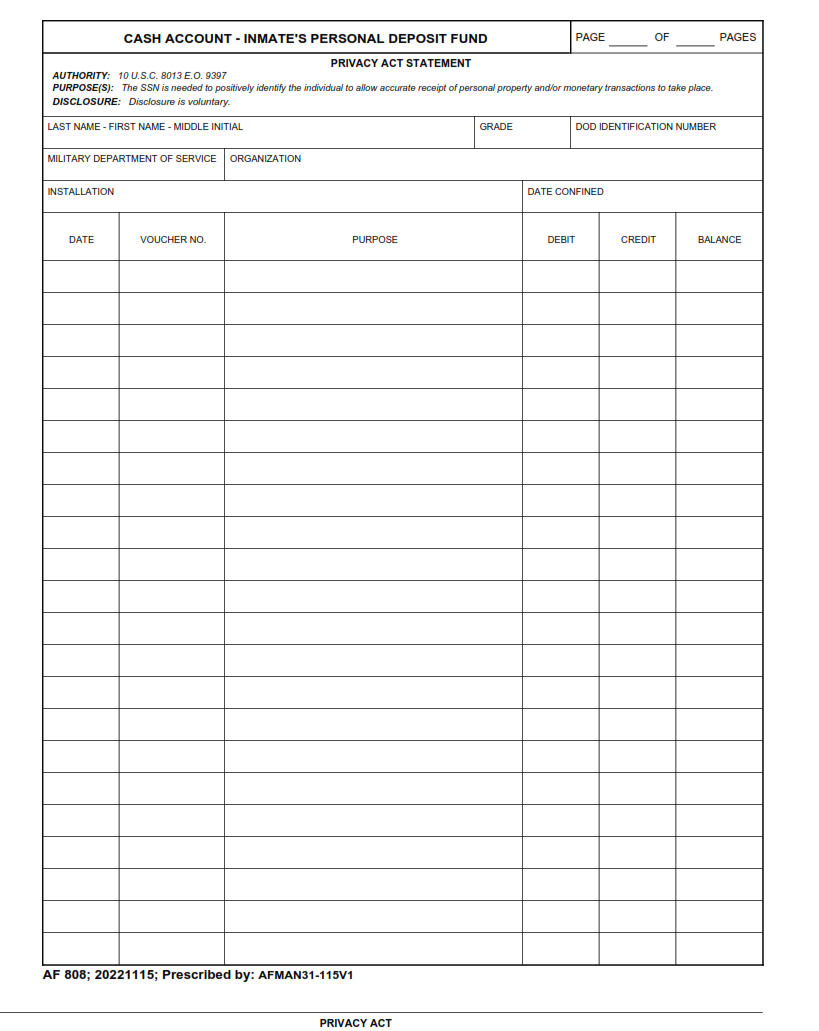 AF Form 808 - Cash Account - Inmate's Personal Deposit Fund Part 1