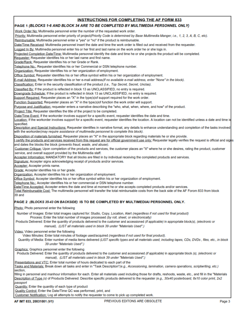 AF Form 833 – Multimedia Work Order | Finder Doc