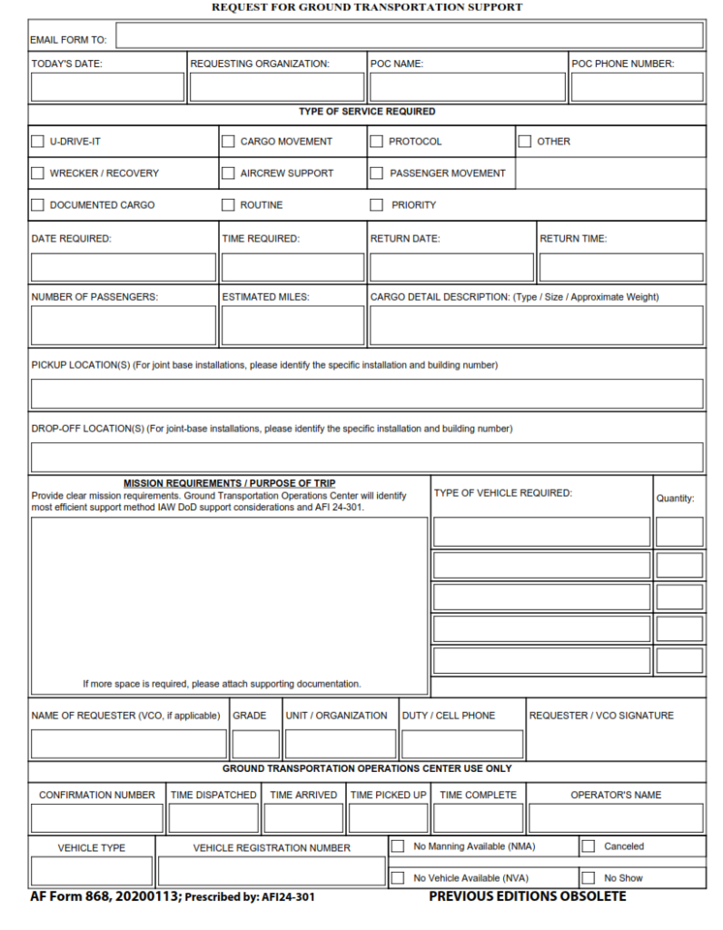 AF Form 868 – Request For Ground Transportation Support | Finder Doc