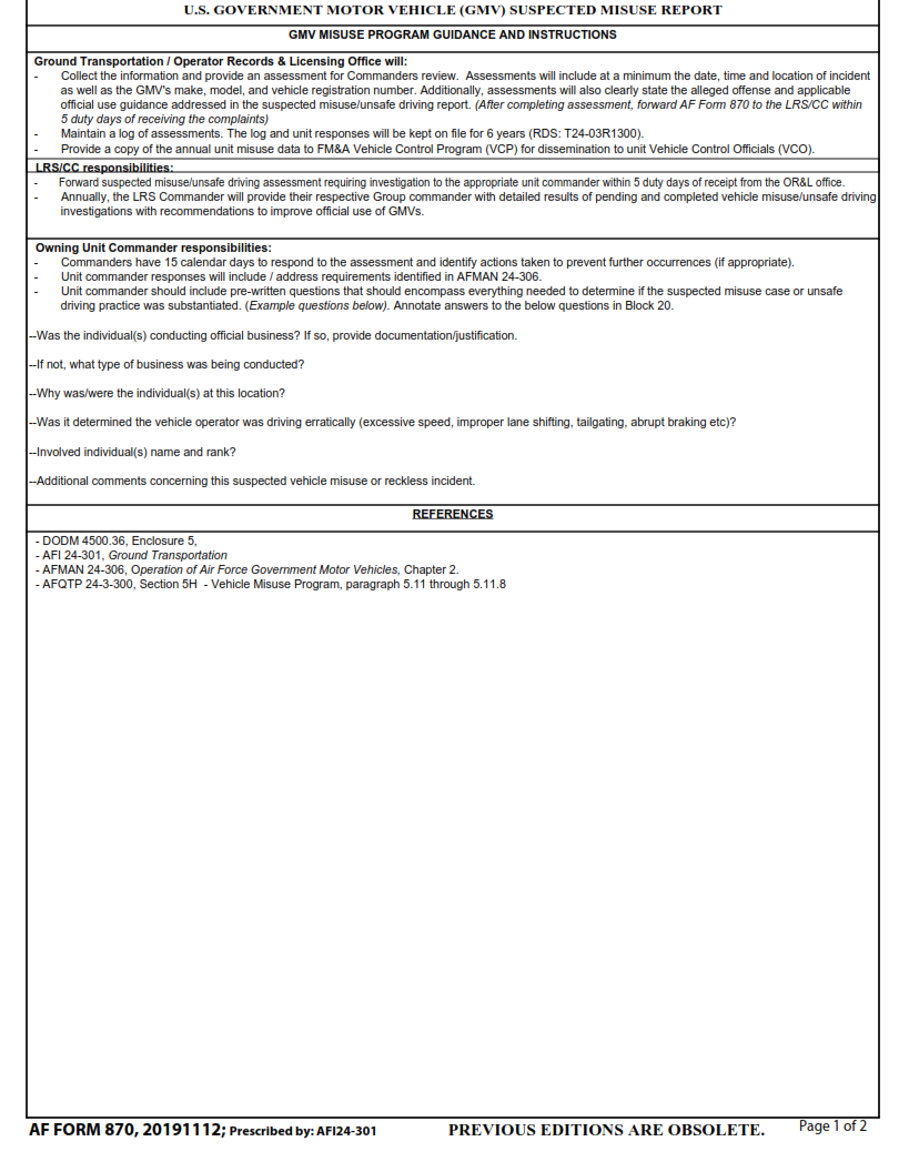 AF Form 870 - U.S. Government Motor Vehicle (GMV) Suspected Misuse Report Part 2