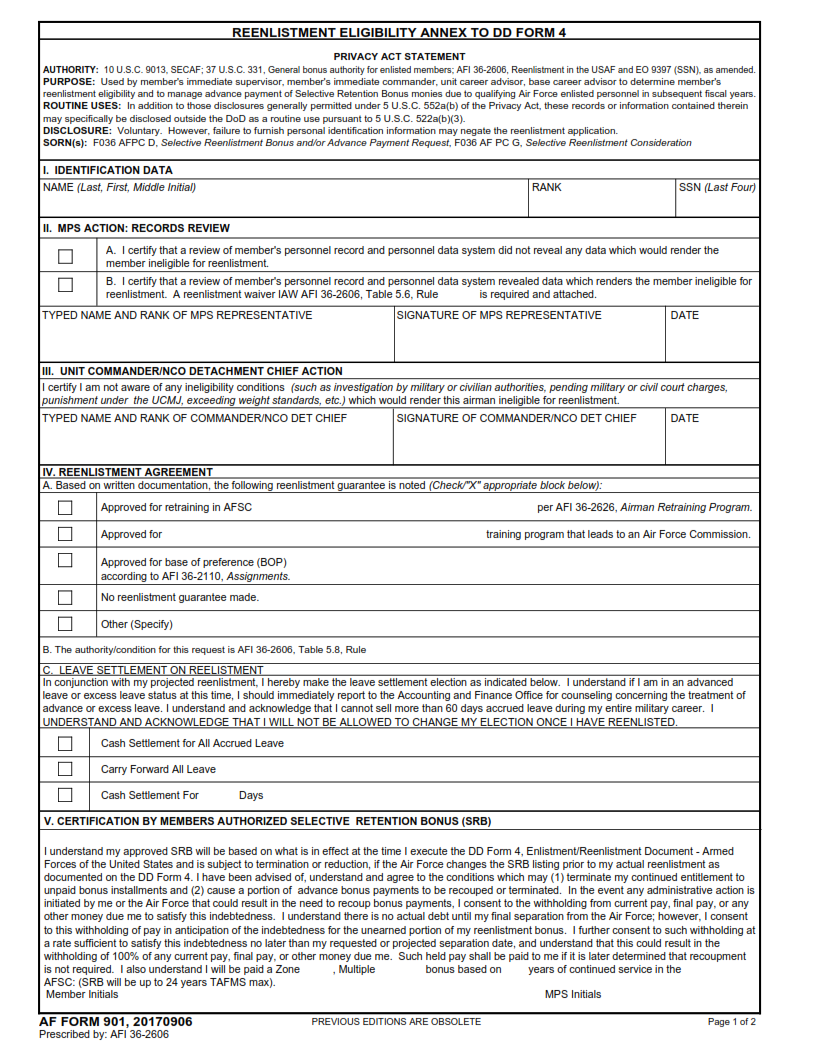 AF Form 901 - Renlistment Eligibility Annex To Dd Form 4 Part 1
