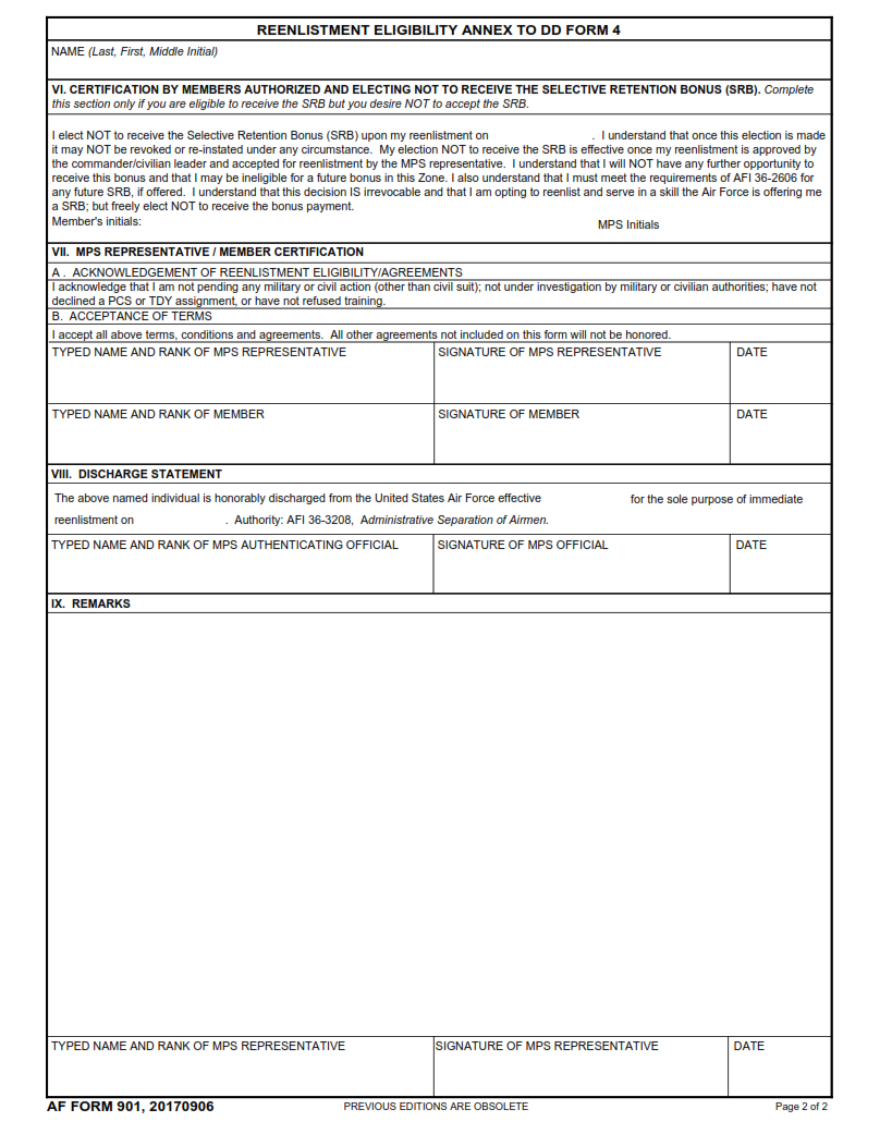 AF Form 901 - Renlistment Eligibility Annex To Dd Form 4 Part 2