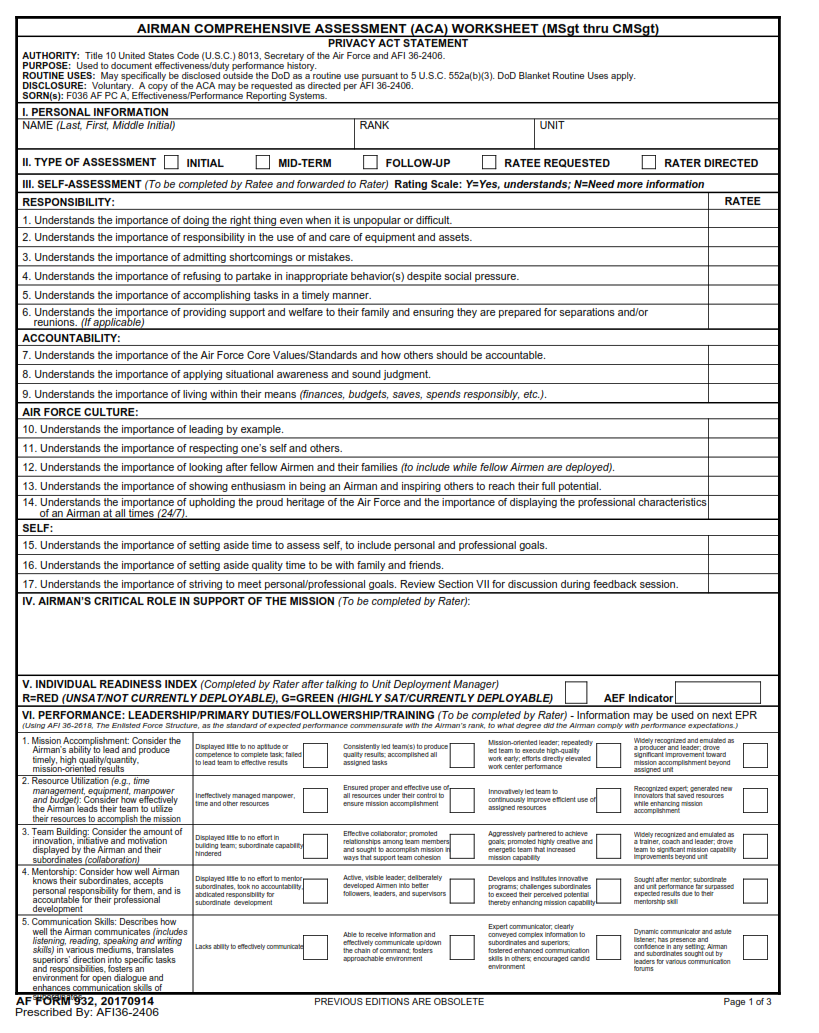 AF Form 932 - Airman Comprehensive Assessment (Msgt Thru Cmsgt) Part 1