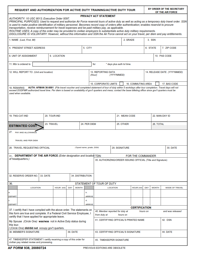 AF Form 938 - Request And Authorization For Active Duty Training Active Tour