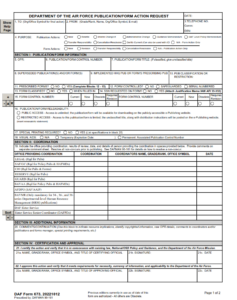 DA Form F673 - Department Of The Air Force Publication Form Action Request Page 1