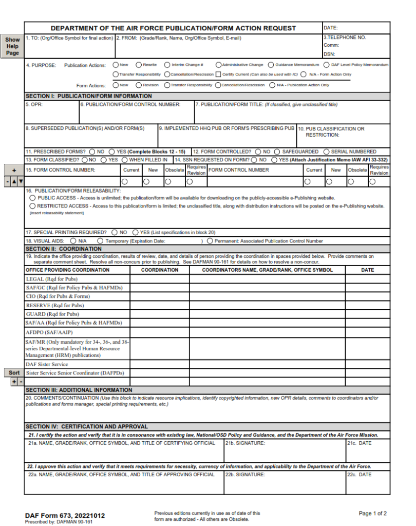 DA Form F673 – Department Of The Air Force Publication/Form Action ...