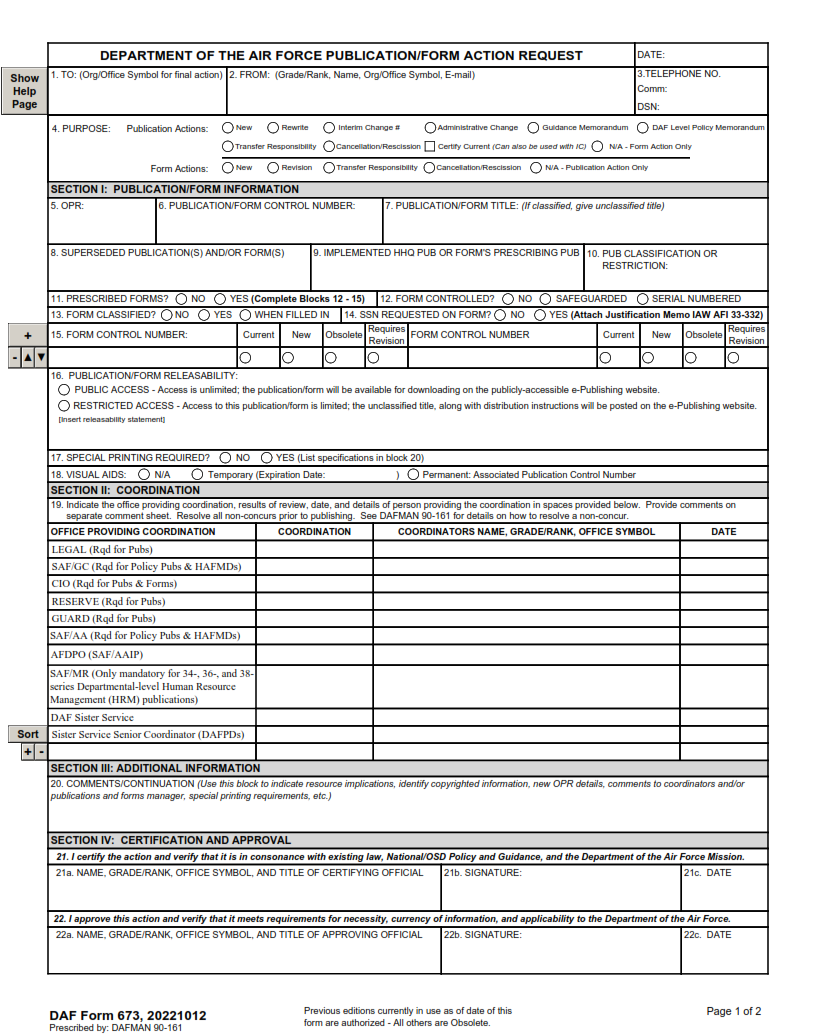 DA Form F673 - Department Of The Air Force Publication Form Action Request Page 1
