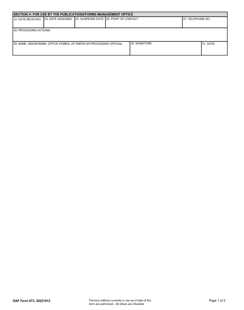 DA Form F673 - Department Of The Air Force Publication Form Action Request Page 2