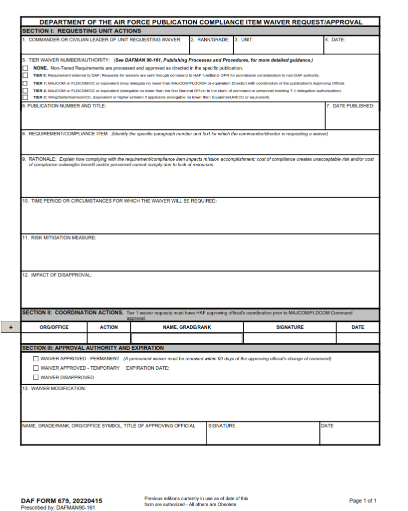 DA Form F679 Department of the Air Force Publication Compliance Item