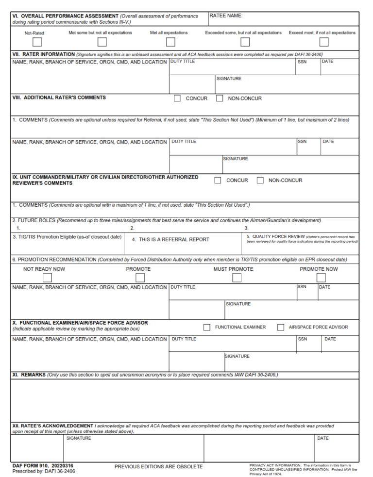 DAF Form 910 – Enlisted Performance Report (Ab/Spc1 Thru Tsgt) | Finder Doc