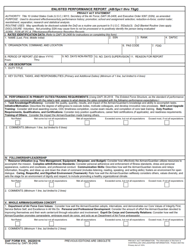 DAF Form 910 – Enlisted Performance Report (Ab/Spc1 Thru Tsgt) | Finder Doc