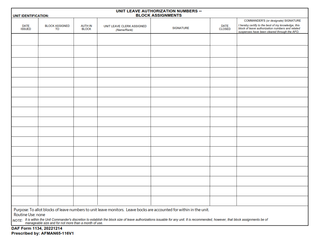 DAF Form 1134 - Unit Leave Authorization Numbers-Block Assignments