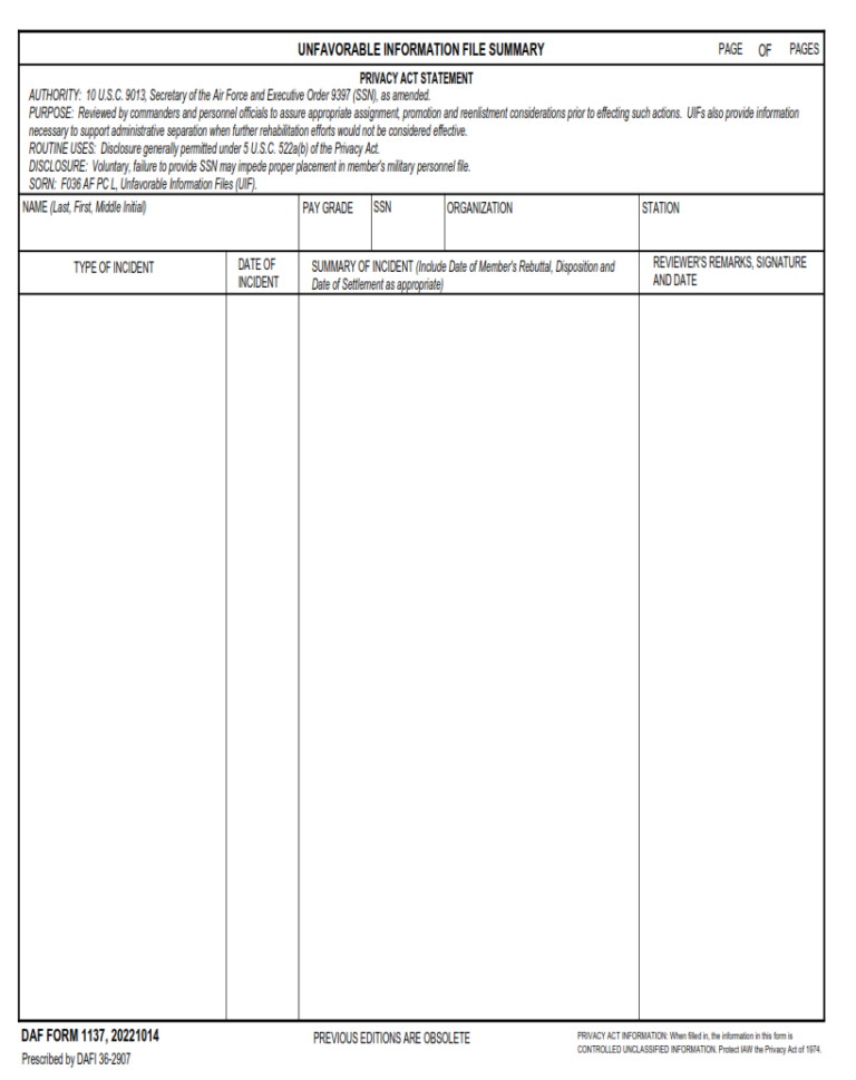 DAF Form 1137 Unfavorable Information File Summary Finder Doc