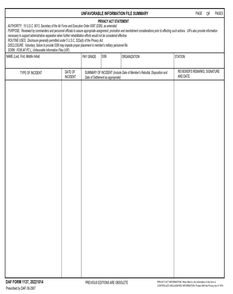 DAF Form 1137 - Unfavorable Information File Summary