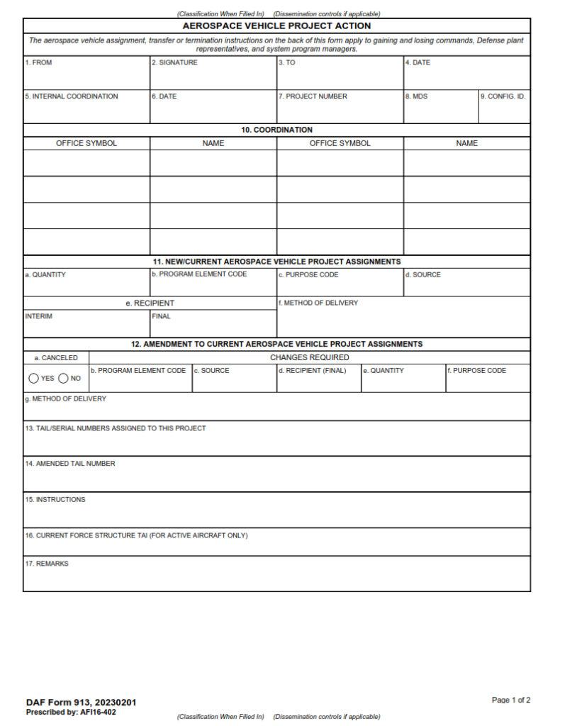 Daf Form 913 – Aerospace Vehicle Project Action 