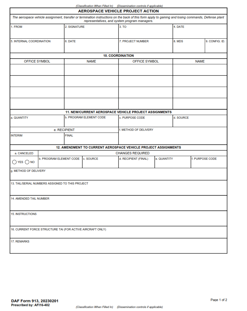 DAF Form 913 Aerospace Vehicle Project Action Finder Doc