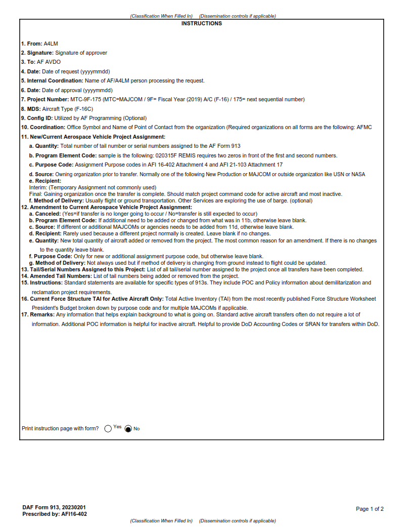 DAF Form 913 Aerospace Vehicle Project Action Finder Doc