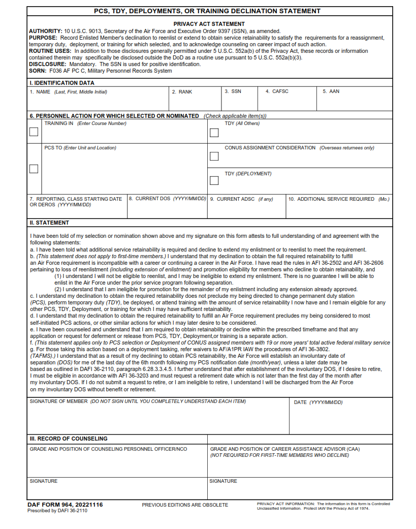 DAF Form 964 - Pcs, Tdy, Deployments, Or Training Declination Statement