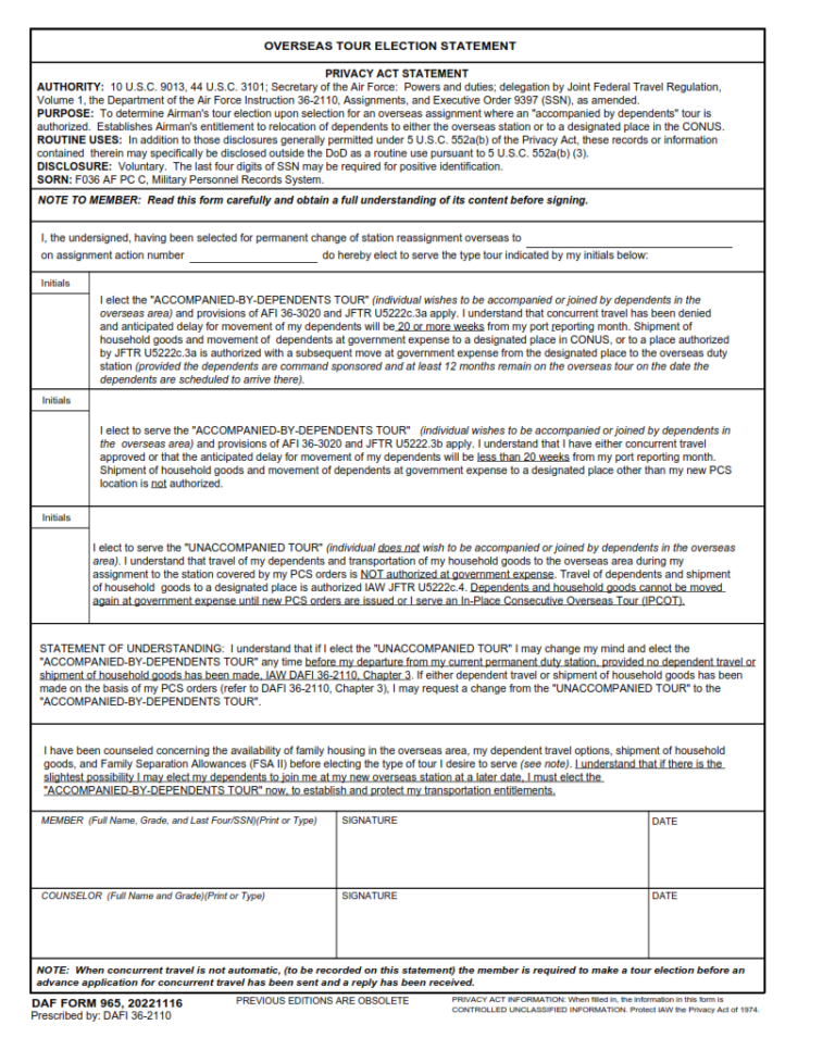 DAF Form 965 – Overseas Tour Election Statement | Finder Doc