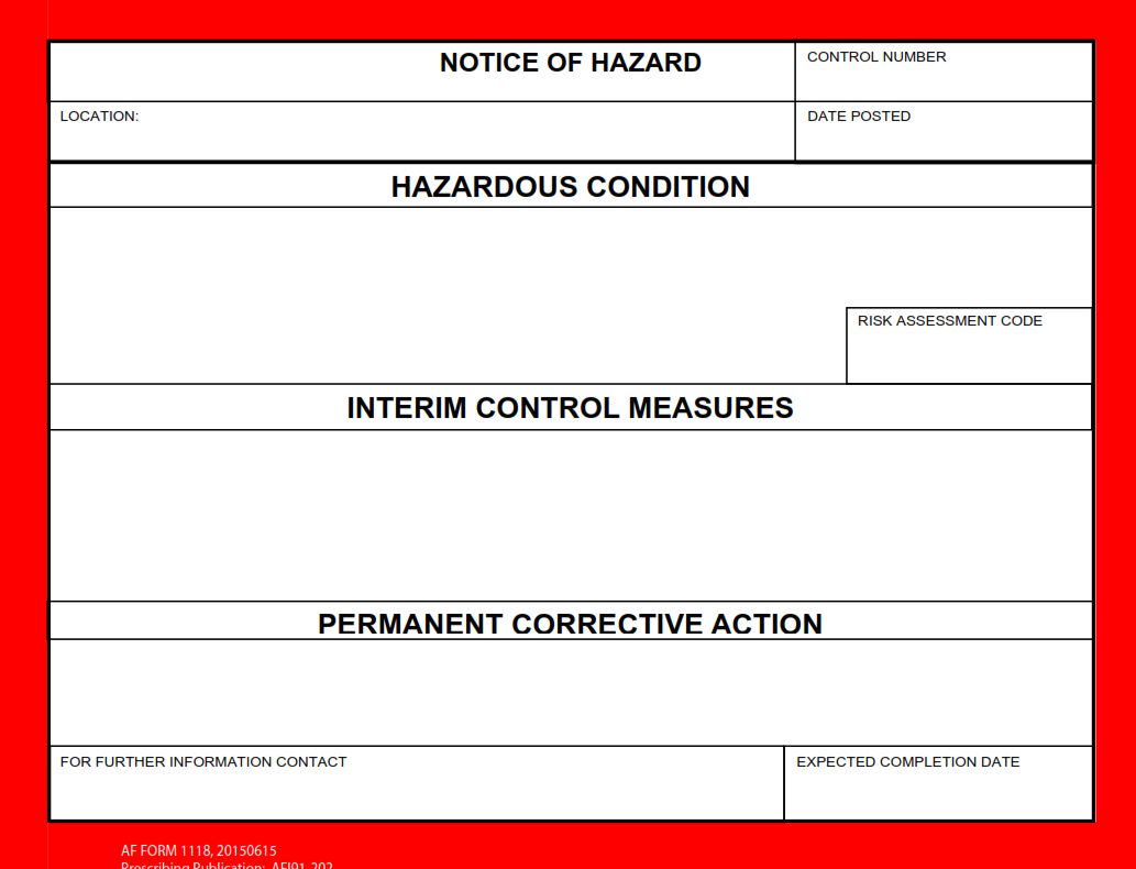 AF Form 1118 - Notice Of Hazard