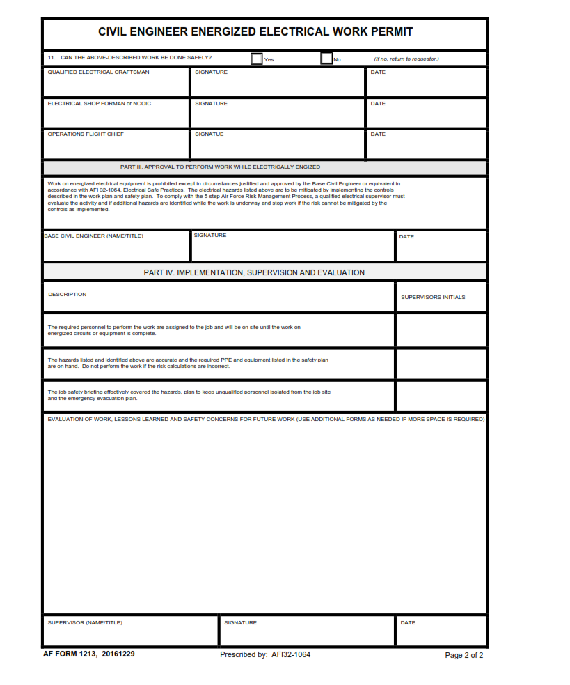 AF Form 1213 - Civil Engineer Energized Electrical Work Permit Part 2
