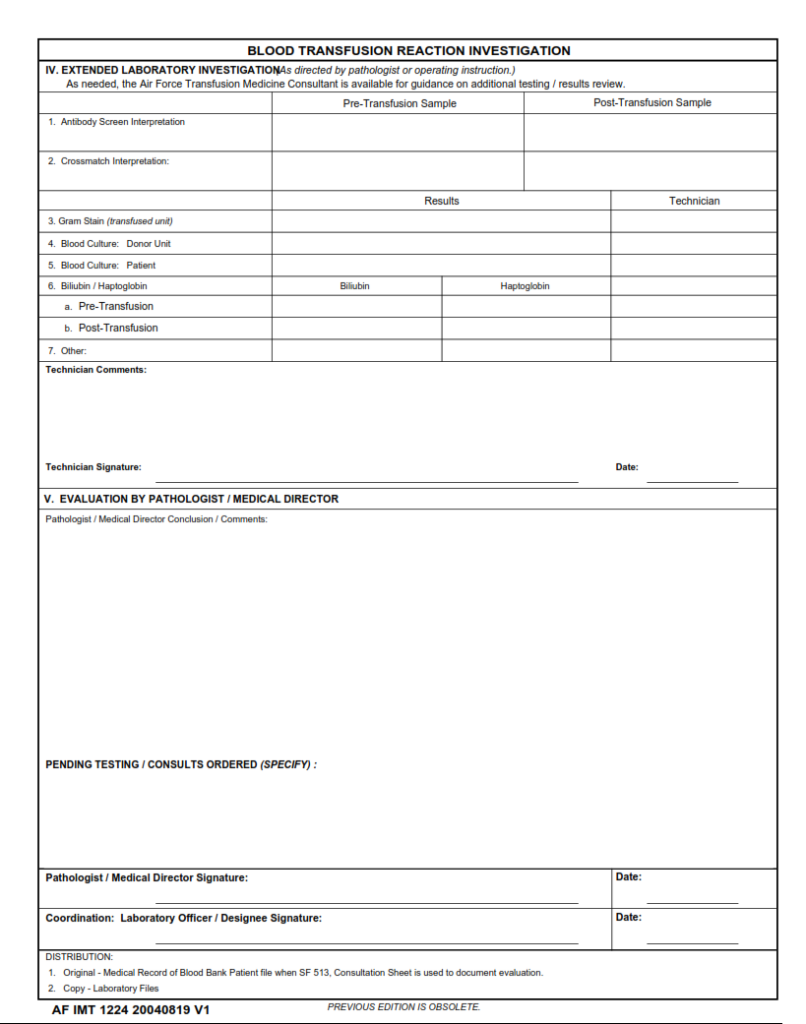 AF Form 1224 – Blood Transfusion Reaction Investigation | Finder Doc