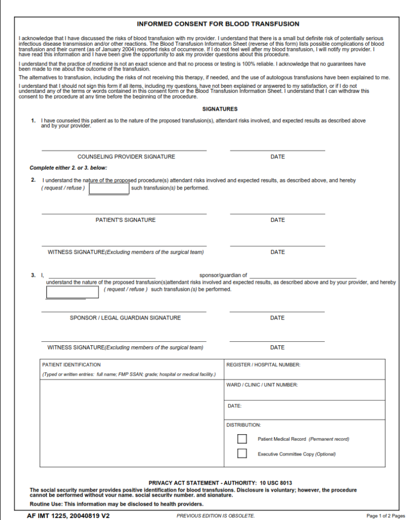 AF Form 1225 – Informed Consent For Blood Transfusion | Finder Doc