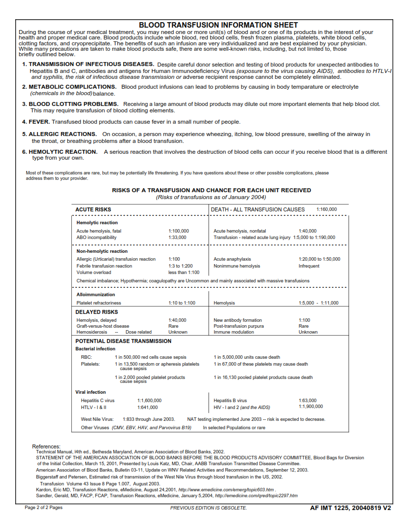 AF Form 1225 - Informed Consent For Blood Transfusion Part 2