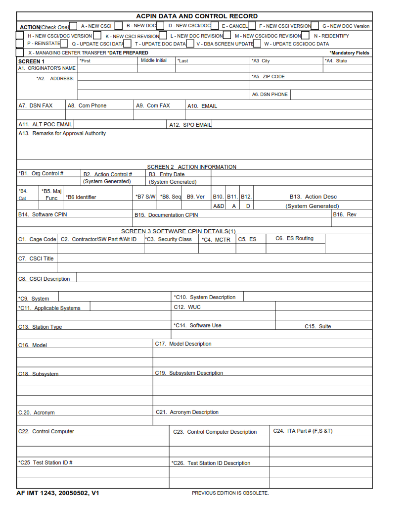 AF Form 1243 - ACPIN Data and Control Record Part 1