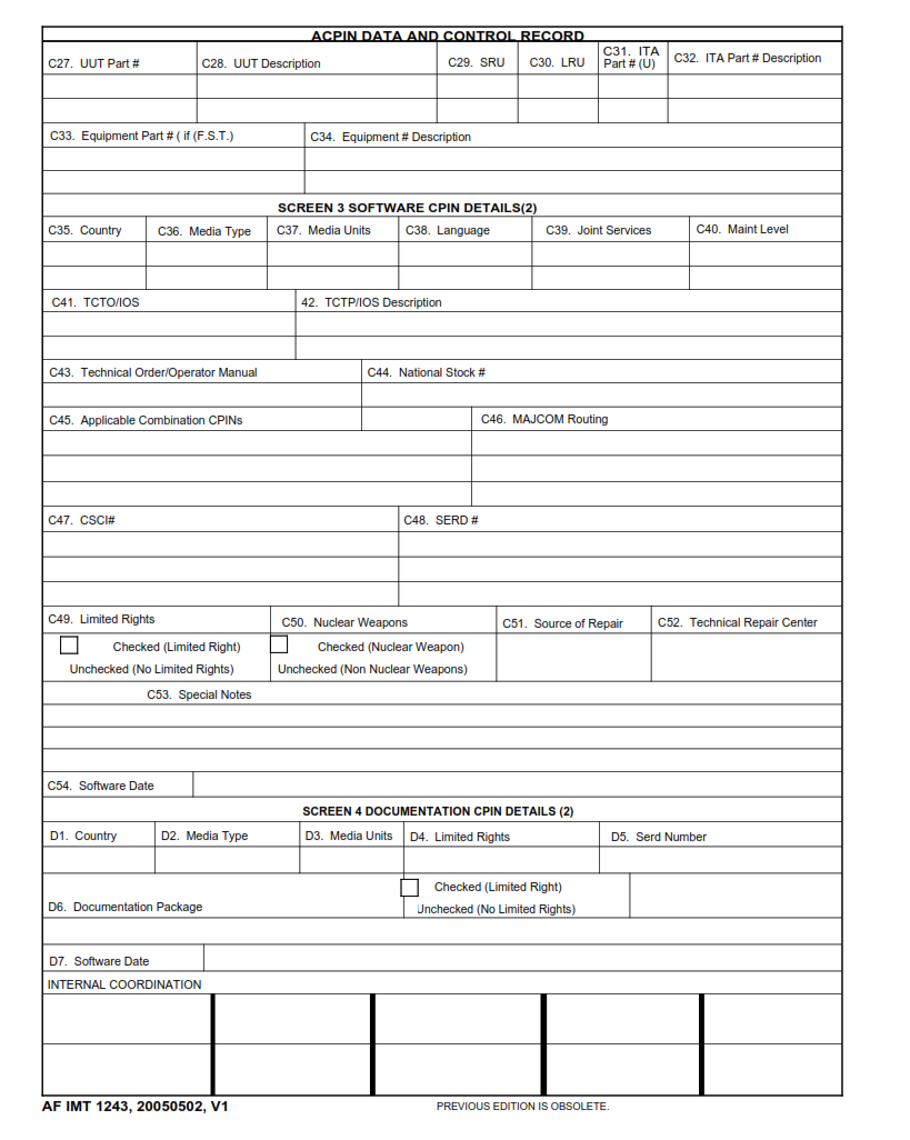 AF Form 1243 - ACPIN Data and Control Record Part 2